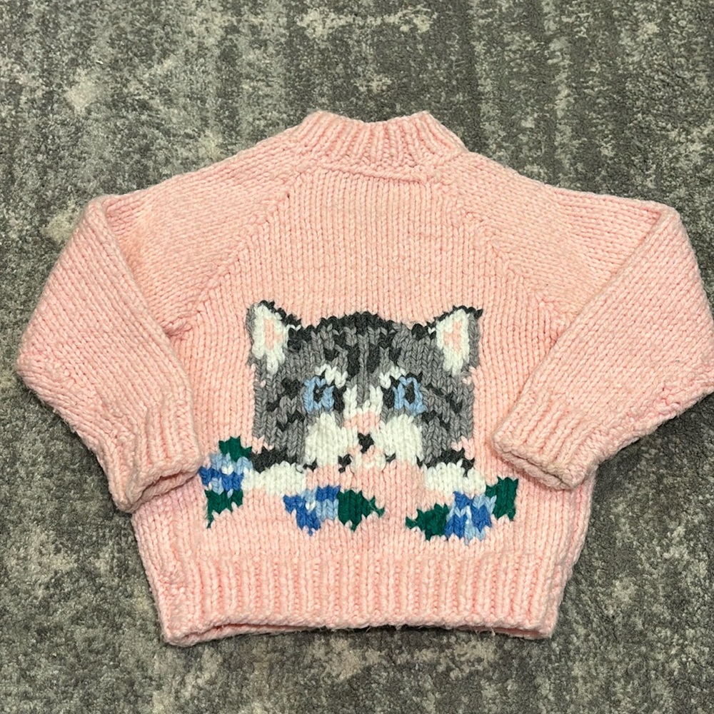 Vintage Handmade Pink Kitty zippered knitted Sweater